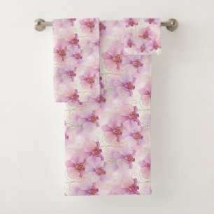 Watercolor Pink Orchid Flowers Floral Bath Towel Set