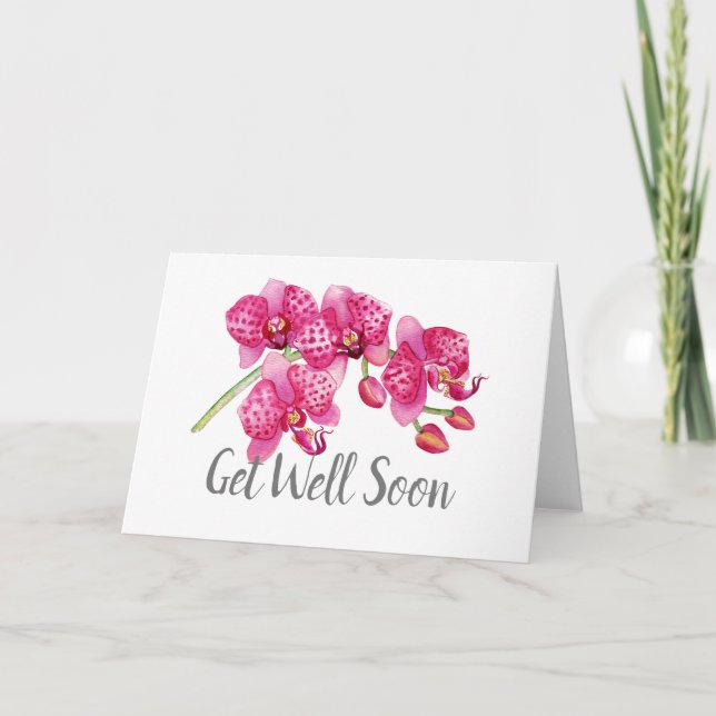 Watercolor Pink Orchid Flowers Get Well Soon Card (Front)