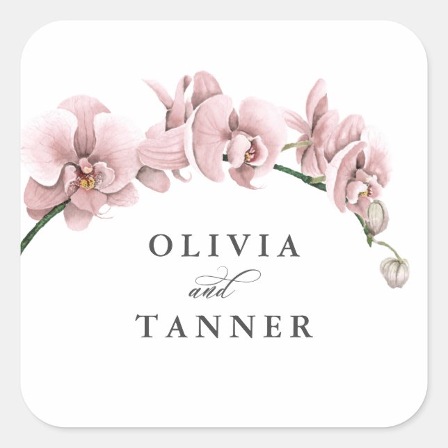 Watercolor Pink Orchids Tropical Paradise Wedding Square Sticker (Front)