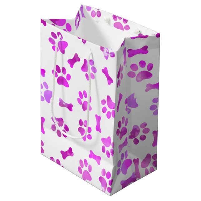 Watercolor Pink Paw Prints Medium Gift Bag (Front Angled)