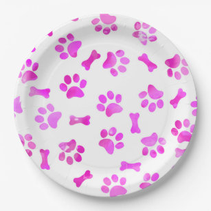 Watercolor Pink Paw Prints Paper Plate