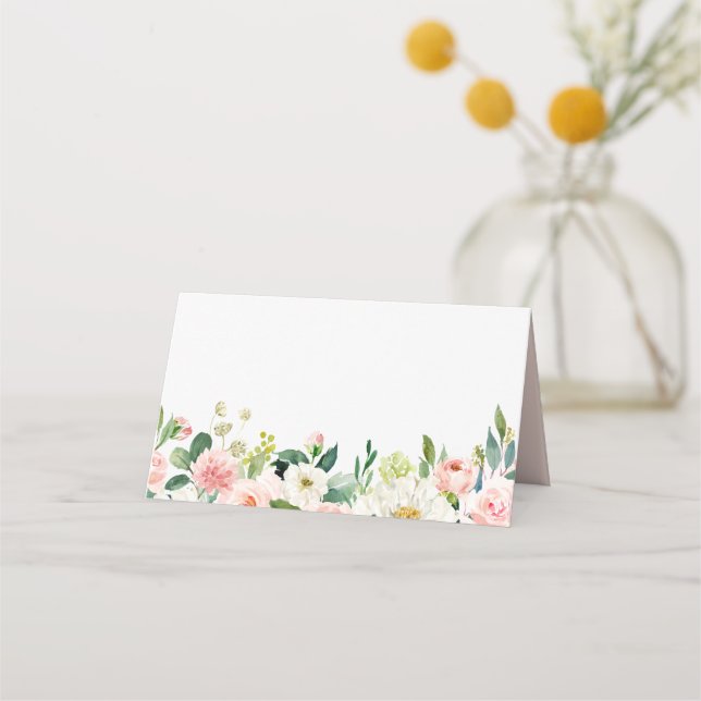 Watercolor Pink Peach Floral Garland Wedding Place Card (Front)