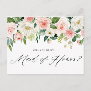 Watercolor Pink Peach Florals Be My Maid of Honour Invitation Postcard