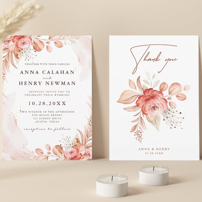 Watercolor Pink Peach Roses Floral Bouquet Wedding Invitation (Creator Uploaded)