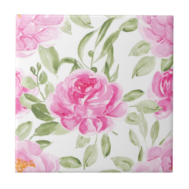 Watercolor Pink Peonies and Greenery Pattern Tile (Front)