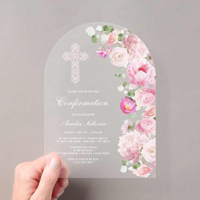 Watercolor Pink Peonies Arch Confirmation Acrylic Invitations (Insitu (Handheld))