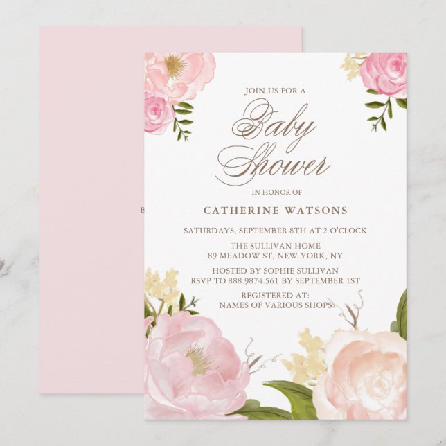 Watercolor Pink Peonies Baby Shower Invitation (Front/Back)
