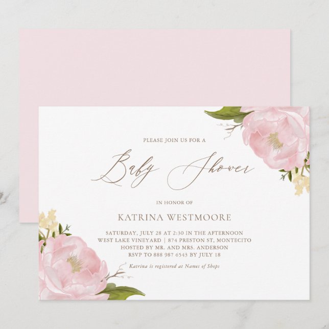 Watercolor Pink Peonies Baby Shower Invitation (Front/Back)