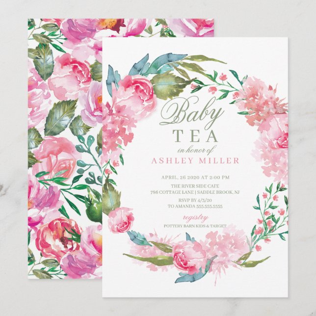 Watercolor Pink Peonies Baby Shower Tea Invitation (Front/Back)