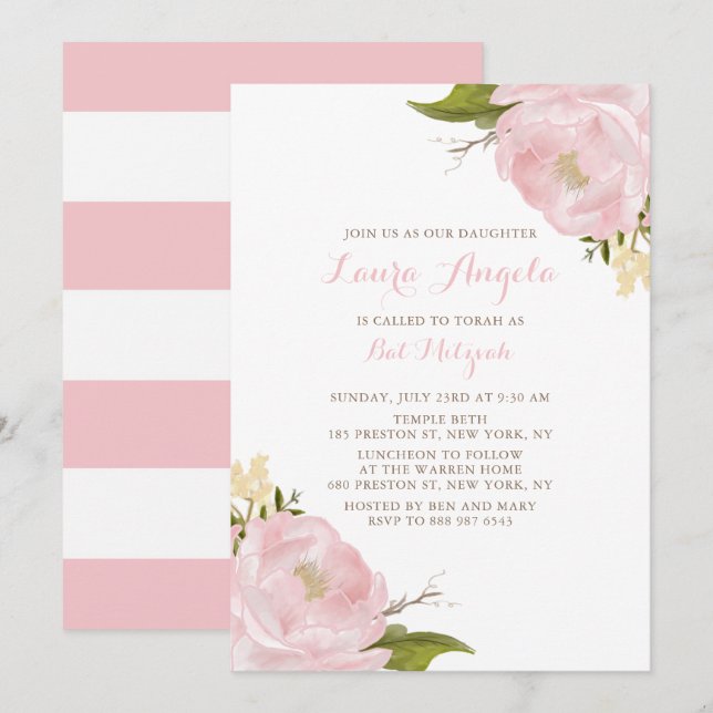 Watercolor Pink Peonies Bat Mitzvah Invitation (Front/Back)