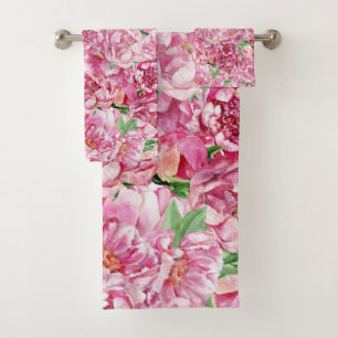 Watercolor Pink Peonies Bath Towel Set