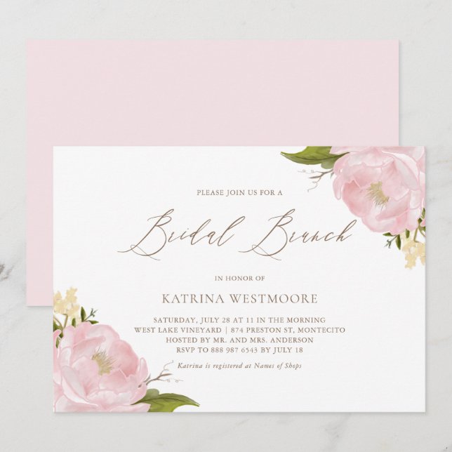 Watercolor Pink Peonies Bridal Brunch Invitation (Front/Back)