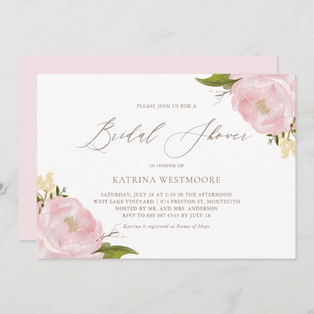 Watercolor Pink Peonies Bridal Shower Invitation (Front/Back)