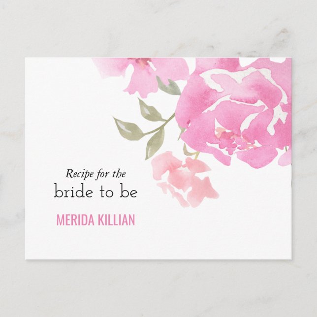 Watercolor Pink Peonies Bridal Shower Recipe Postcard (Front)