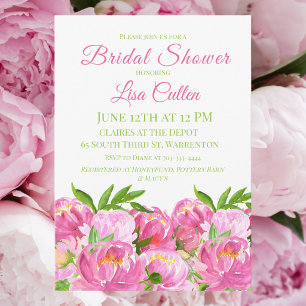 Watercolor Pink Peonies Bridal Shower Script Invitation
