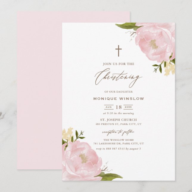 Watercolor Pink Peonies Christening Invitation (Front/Back)