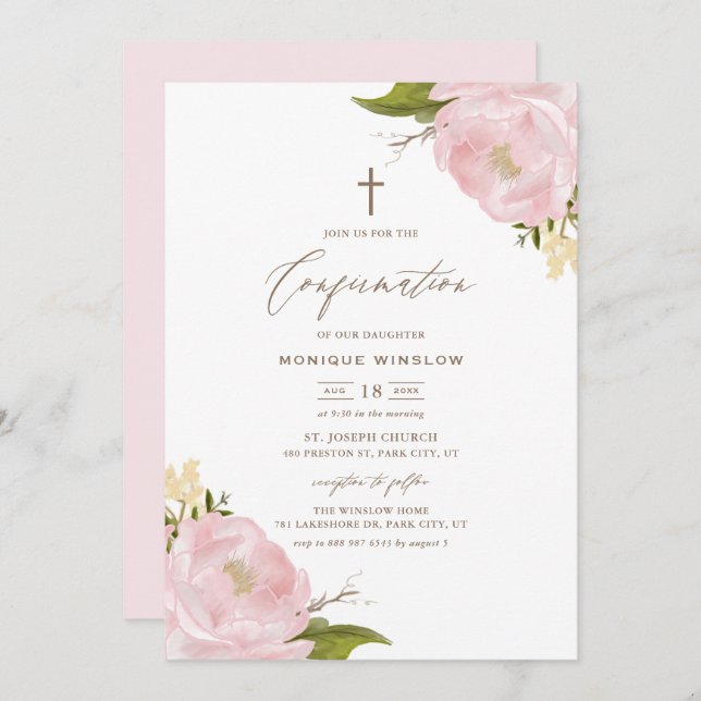 Watercolor Pink Peonies Confirmation Invitation (Front/Back)