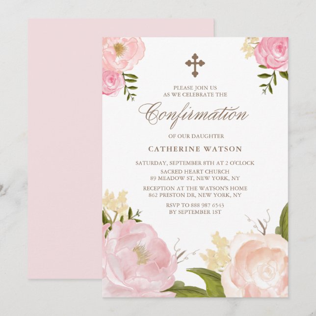 Watercolor Pink Peonies Confirmation Invitation (Front/Back)