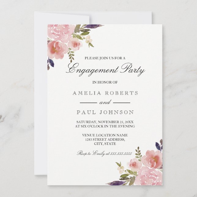 Watercolor Pink Peonies Engagement Party Invite (Front)