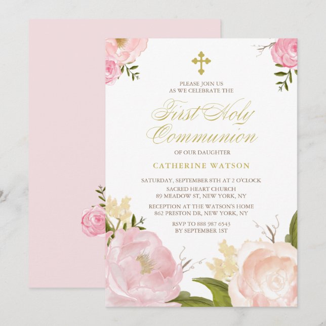 Watercolor Pink Peonies First Holy Communion II Invitation (Front/Back)