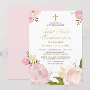 Watercolor Pink Peonies First Holy Communion II Invitation
