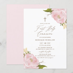 Watercolor Pink Peonies First Holy Communion Invitation