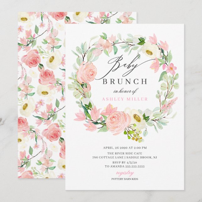 Watercolor Pink Peonies Floral Baby Shower Brunch Invitation (Front/Back)