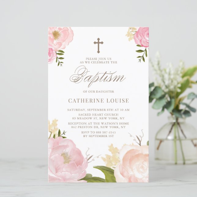 Watercolor Pink Peonies Floral Baptism Invitation (Standing Front)