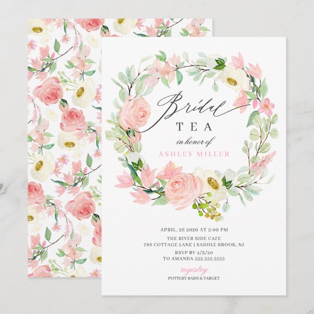 Watercolor Pink Peonies Floral Bridal Shower Tea Invitation (Front/Back)