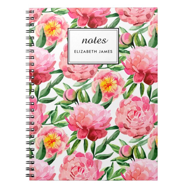 Watercolor Pink Peonies Floral Pattern chic Custom Notebook (Front)