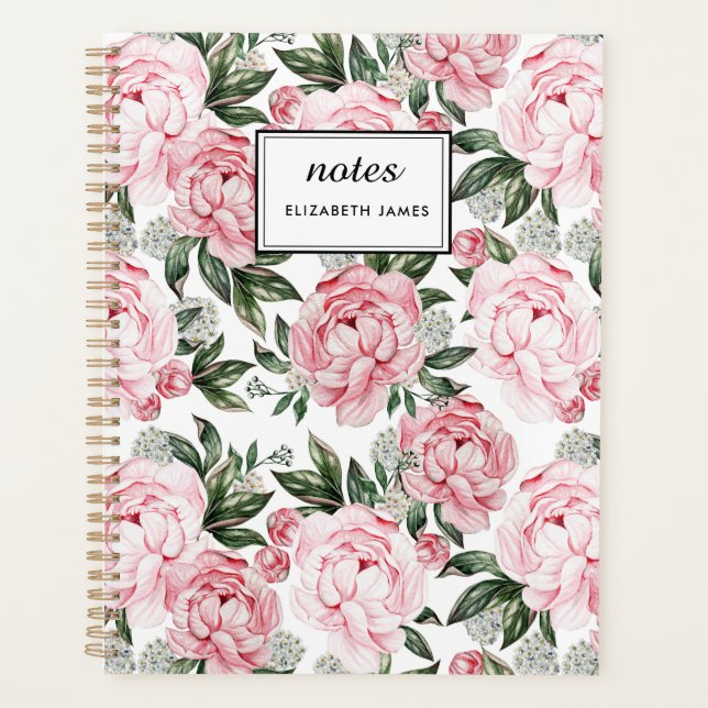 Watercolor Pink Peonies Floral Pattern chic Custom Planner (Front)
