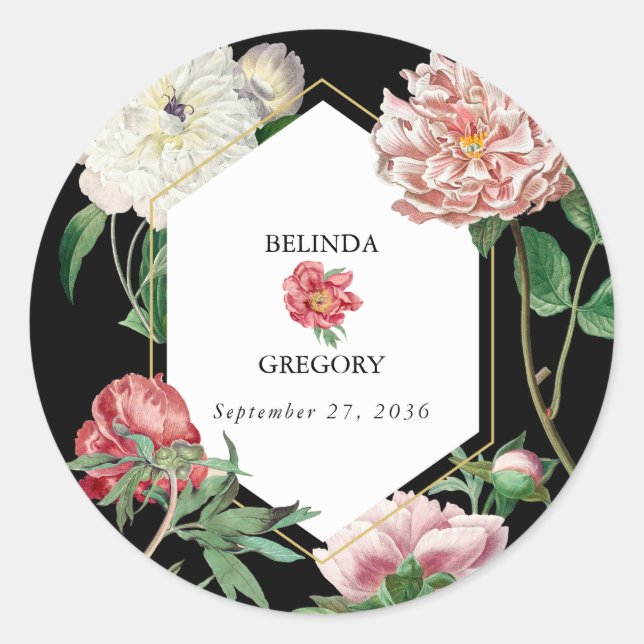 Watercolor Pink Peonies Flowers Wedding Black Classic Round Sticker (Front)