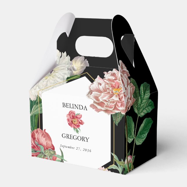 Watercolor Pink Peonies Flowers Wedding Black Favor Box (Front Side)
