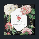 Watercolor Pink Peonies Flowers Wedding Black Magnet<br><div class="desc">A beautiful watercolor pink and white peonies flower wedding design with gold geometric frame on a black background. A unique design that uses vintage botanical peony florals in pink and white colour tones. An elegant pink and white peonies floral design with a dash of greenery. A chic gold geometric frame...</div>