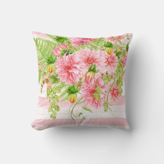 Watercolor Pink Peonies Greenery Pink Stripes Throw Pillow (Front)