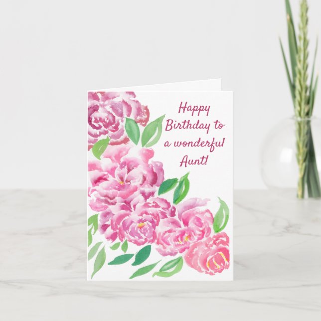 Watercolor Pink Peonies Happy Birthday Aunt Card (Front)