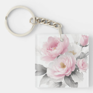 Watercolor Pink Peonies Keychain