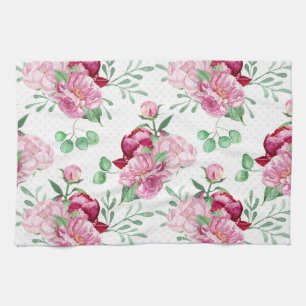 watercolor pink peonies kitchen towel