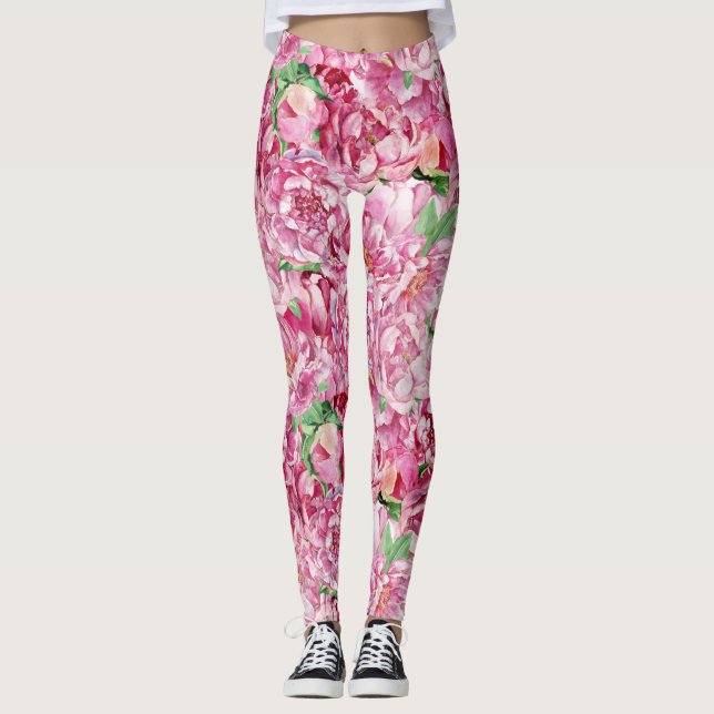Watercolor Pink Peonies Leggings (Front)