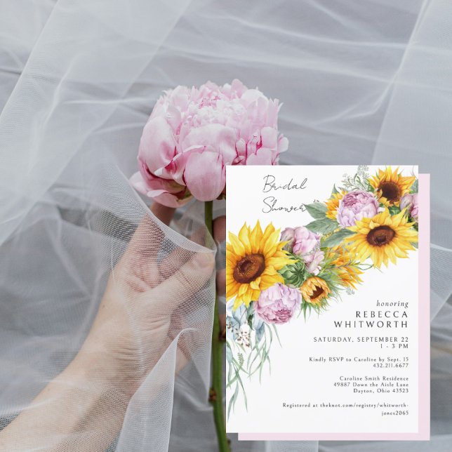 Watercolor Pink Peonies & Sunflower Bridal Shower Invitation (Creator Uploaded)