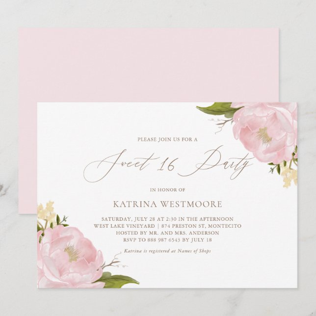 Watercolor Pink Peonies Sweet Sixteen Invitation (Front/Back)