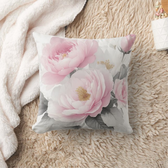 Watercolor Pink Peonies Throw Pillow (Blanket)