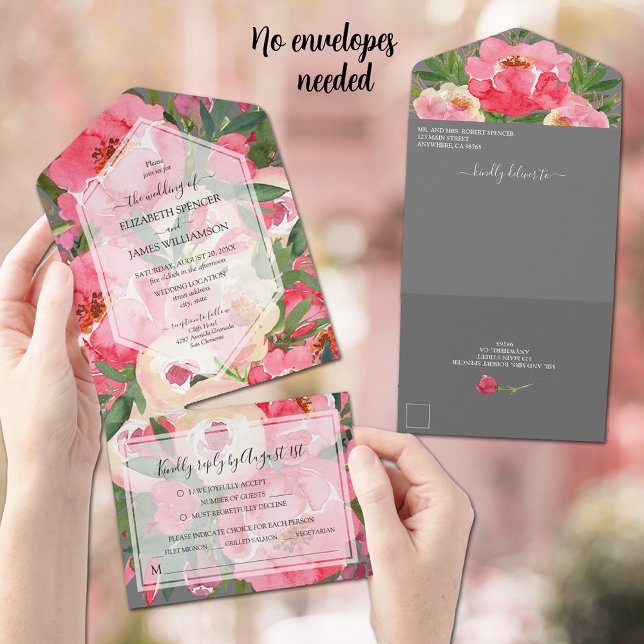 Watercolor Pink Peonies Wedding All In One Invitation (Creator Uploaded)