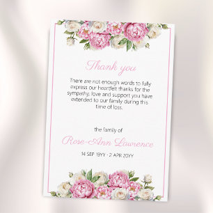 Watercolor Pink Peonies White Roses Floral Funeral Thank You Card
