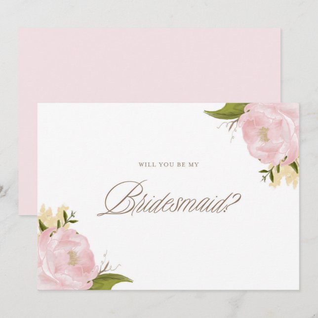 Watercolor Pink Peonies Will You Be My Bridesmaid Invitation (Front/Back)