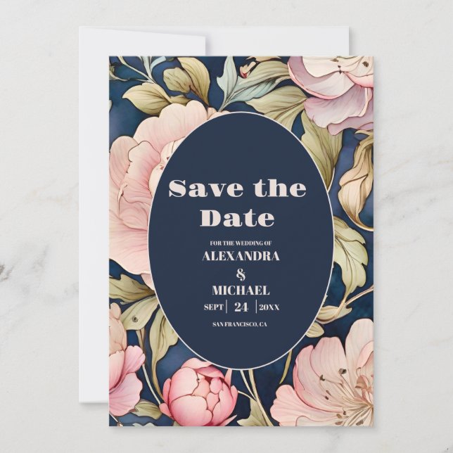 Watercolor Pink Peony  Art Nouveau Wedding Save The Date (Front)