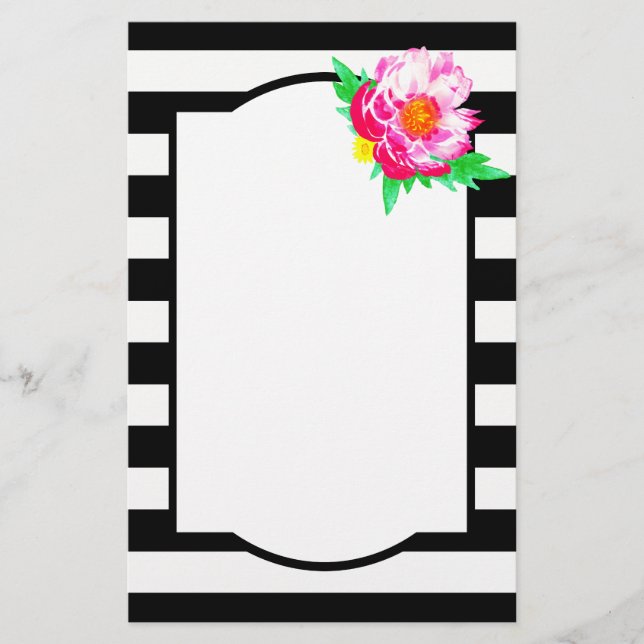 Watercolor Pink Peony Black & White Stationery (Front)