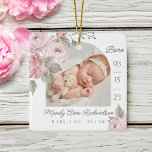 Watercolor Pink Peony Floral Baby Birth Stat Photo Ceramic Ornament<br><div class="desc">New baby birth stats photo Christmas ornament. The design features two photos, one photo on the front and one on the back. Display your new baby's photo. The date of birth is displayed along the side and the baby's name and birth stats along the bottom. Beautiful floral arrangements with pink...</div>