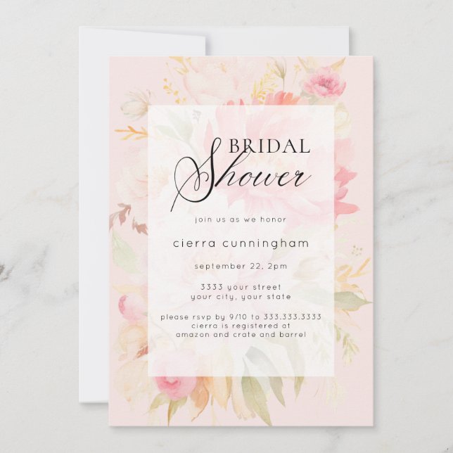 Watercolor Pink Peony Floral Bridal Shower  Invitation (Front)