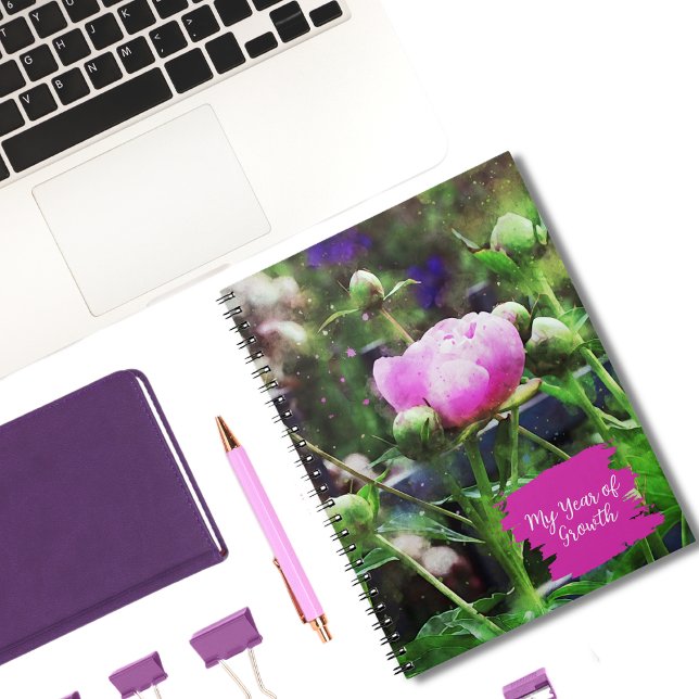 Watercolor Pink Peony Flower Gardener's Journal (Journal with beautiful pink peony on a soft green background and the words "My Year of Growth")